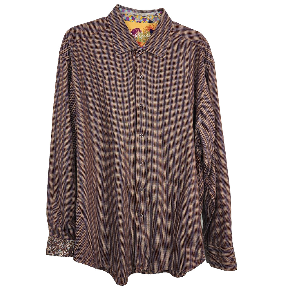 Robert Graham Mens Shirt Long Sleeve Button Embroidered Striped Blue 2XL Cotton